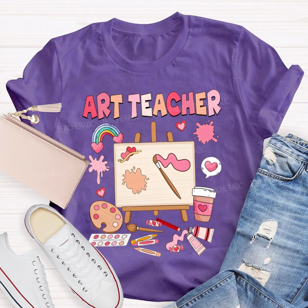 Art Teacher Rainbow Hearts And A Paint Palette Teacher T-shirt