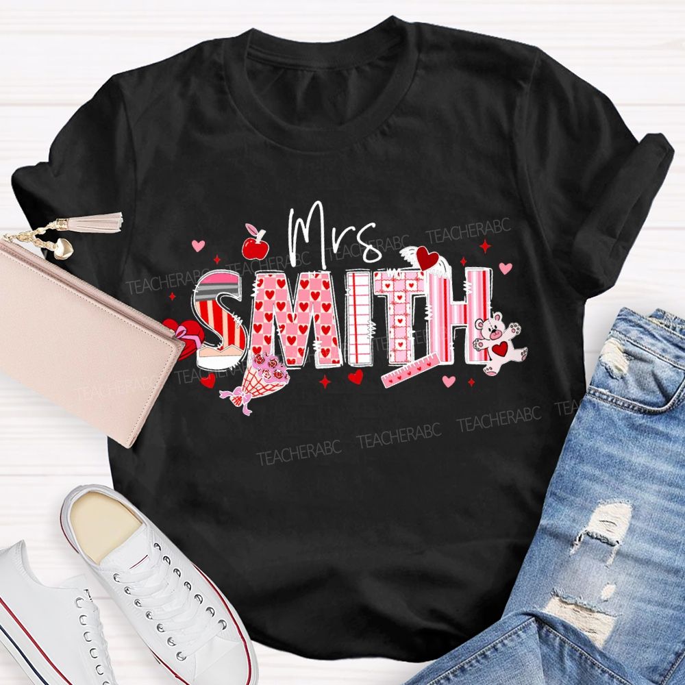 Personalized Name Apple And Heart-Shaped Fonts Teacher T-shirt