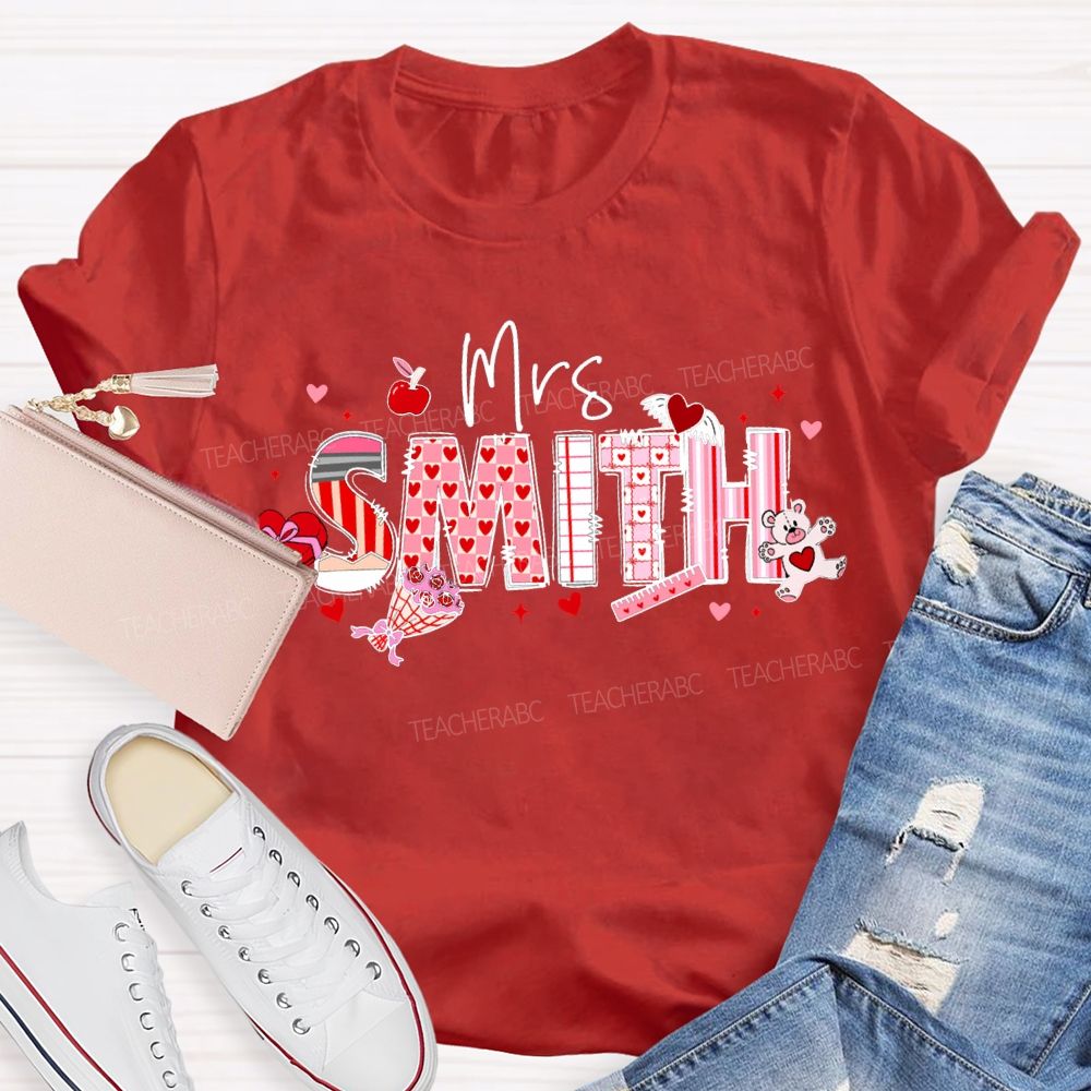 Personalized Name Apple And Heart-Shaped Fonts Teacher T-shirt