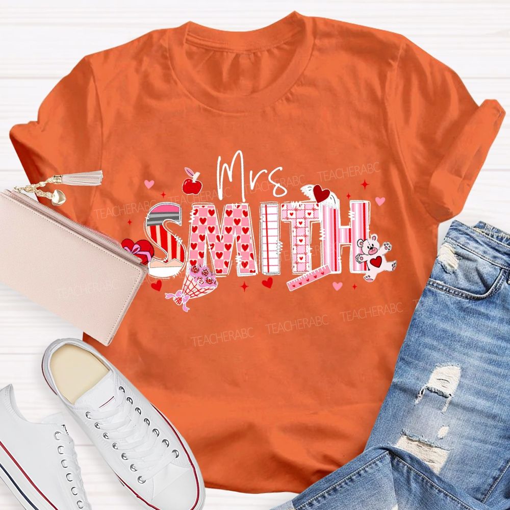 Personalized Name Apple And Heart-Shaped Fonts Teacher T-shirt