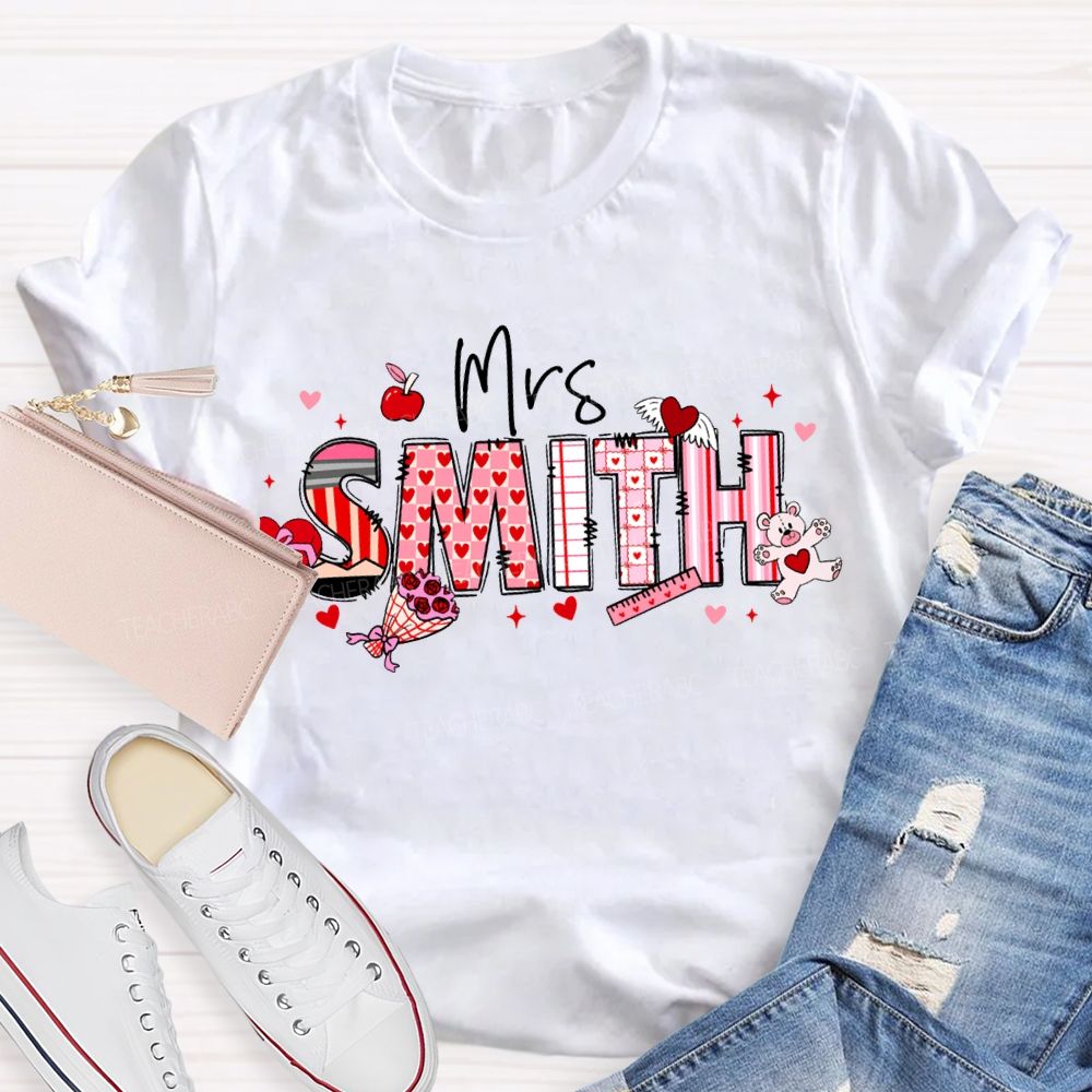 Personalized Name Apple And Heart-Shaped Fonts Teacher T-shirt