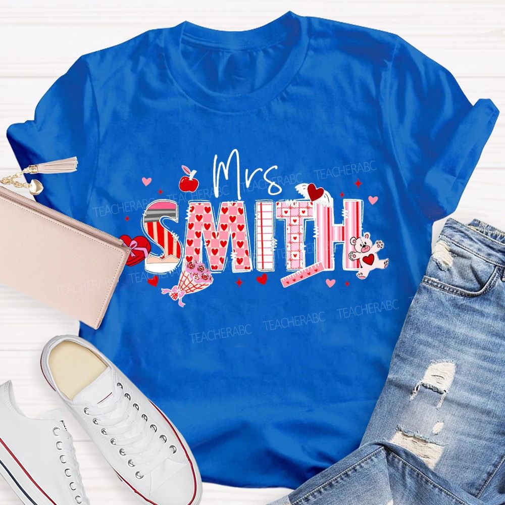 Personalized Name Apple And Heart-Shaped Fonts Teacher T-shirt