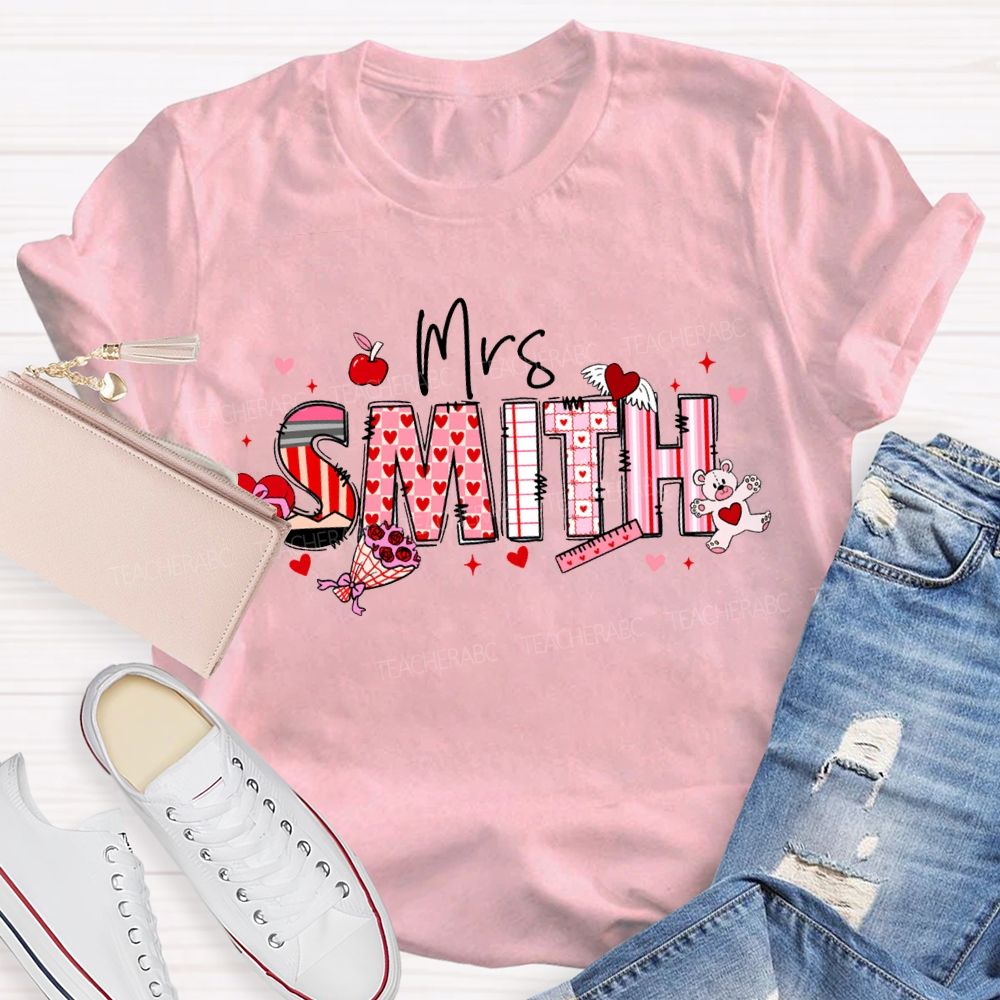 Personalized Name Apple And Heart-Shaped Fonts Teacher T-shirt