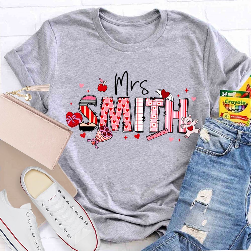 Personalized Name Apple And Heart-Shaped Fonts Teacher T-shirt