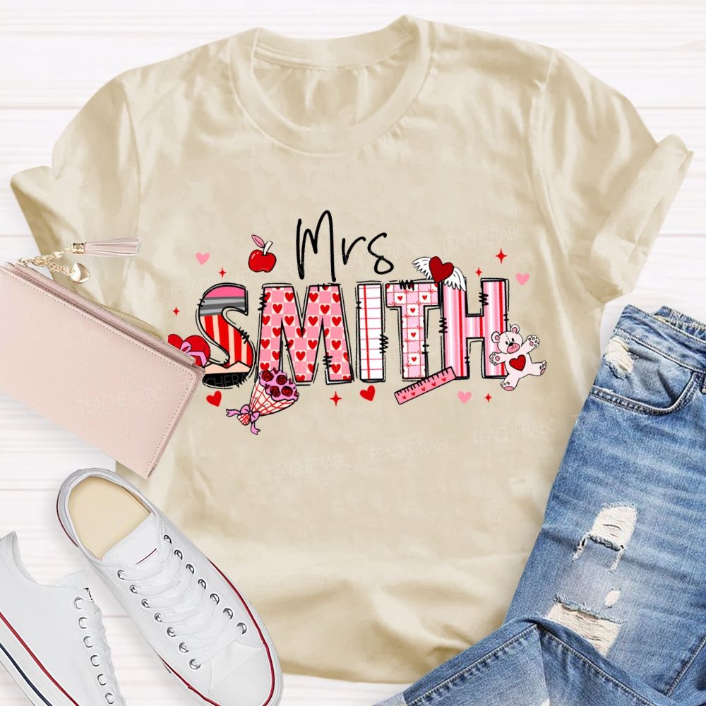 Personalized Name Apple And Heart-Shaped Fonts Teacher T-shirt