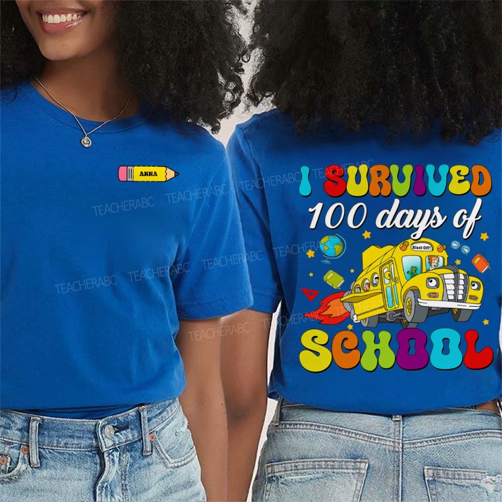 Personalized Name I Survived 100 Days Of School Double Printed T-shirt