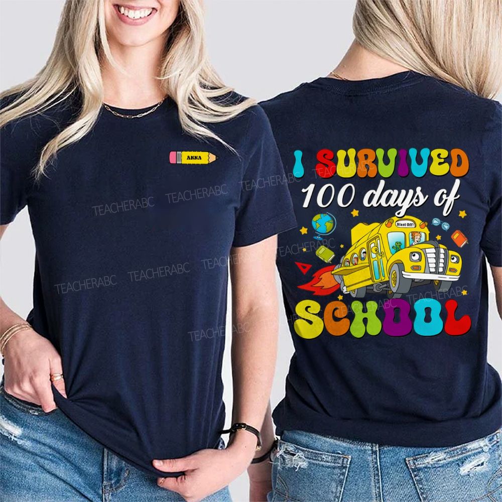 Personalized Name I Survived 100 Days Of School Double Printed T-shirt