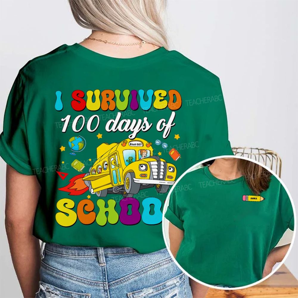 Personalized Name I Survived 100 Days Of School Double Printed T-shirt