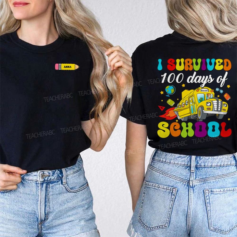 Personalized Name I Survived 100 Days Of School Double Printed T-shirt