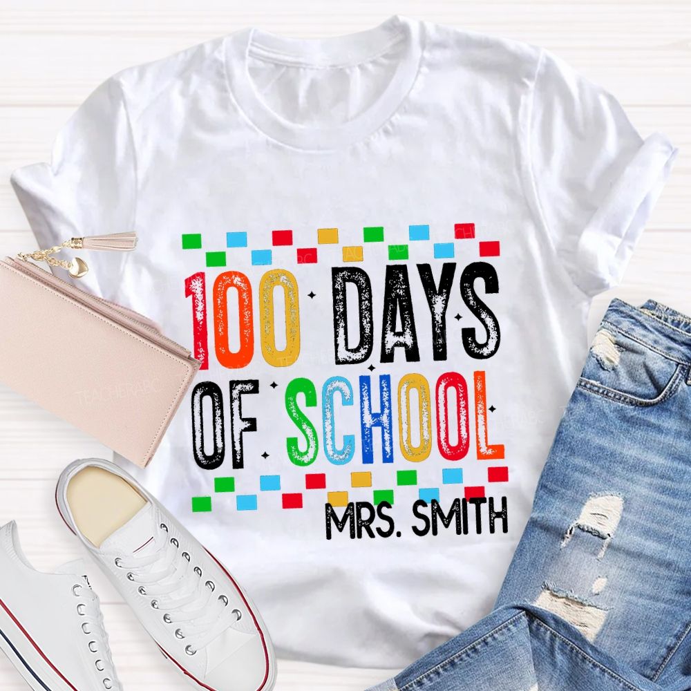 Personalized Name 100 Days Of School Colored Squares Teacher T-Shirt