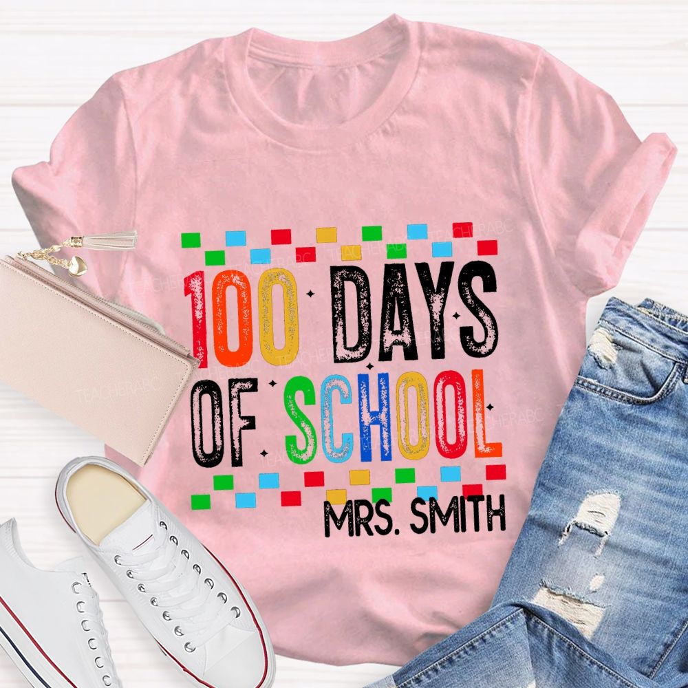 Personalized Name 100 Days Of School Colored Squares Teacher T-Shirt