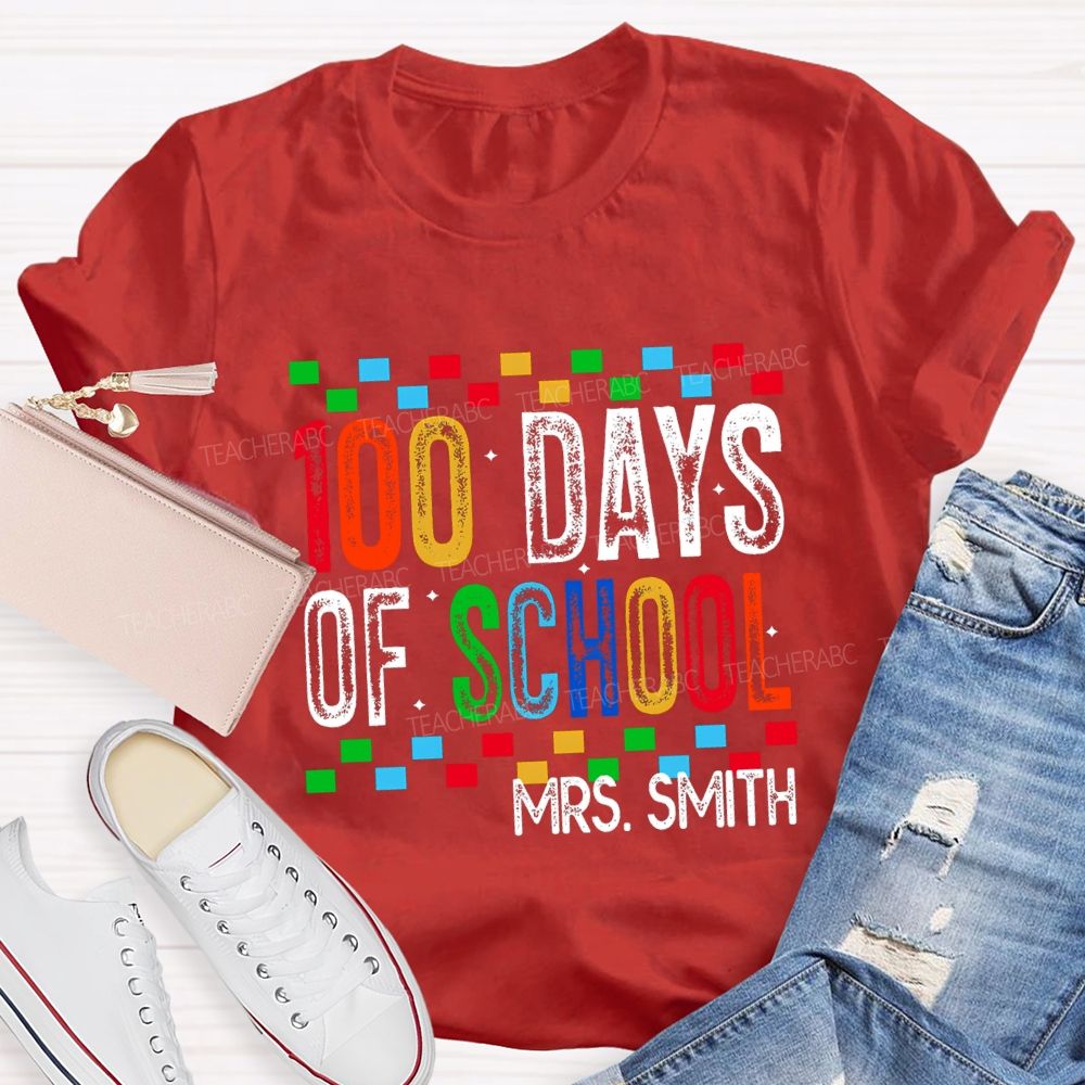 Personalized Name 100 Days Of School Colored Squares Teacher T-Shirt