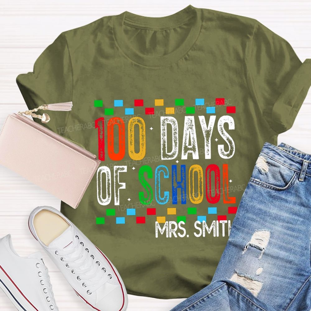 Personalized Name 100 Days Of School Colored Squares Teacher T-Shirt