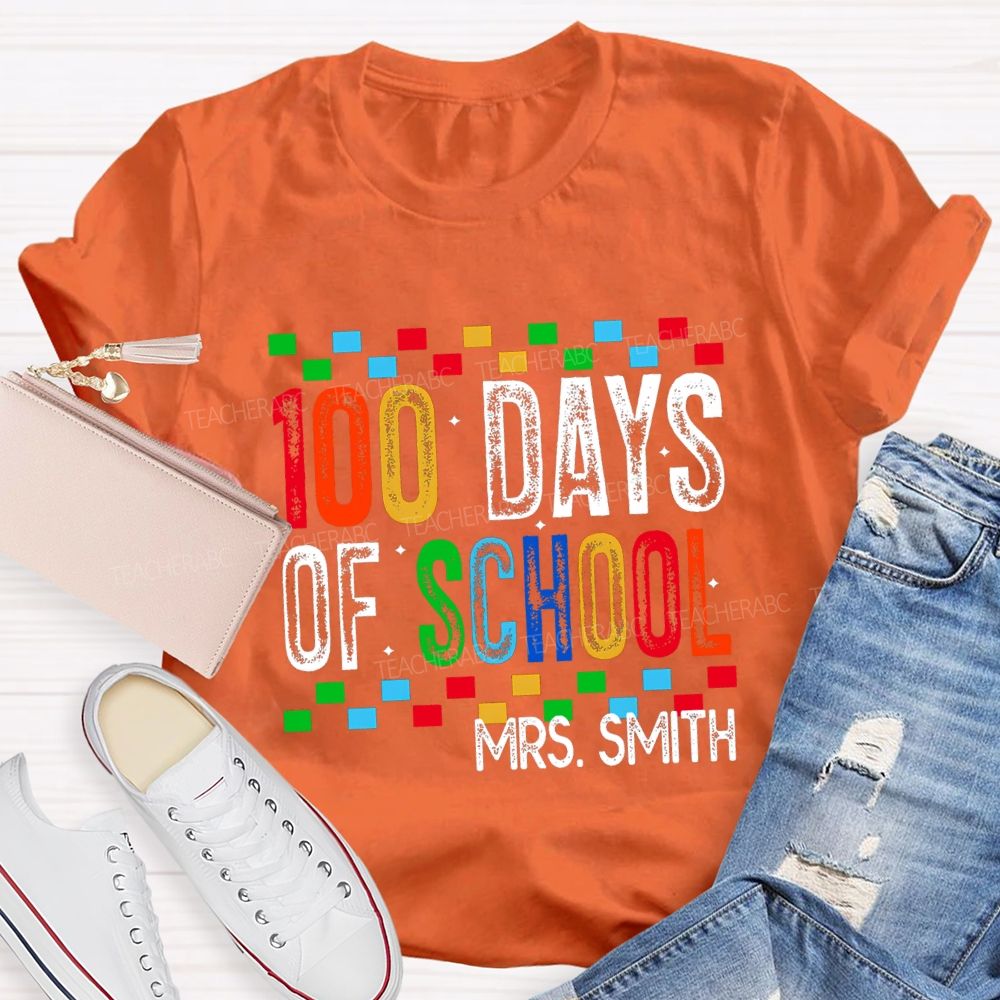 Personalized Name 100 Days Of School Colored Squares Teacher T-Shirt