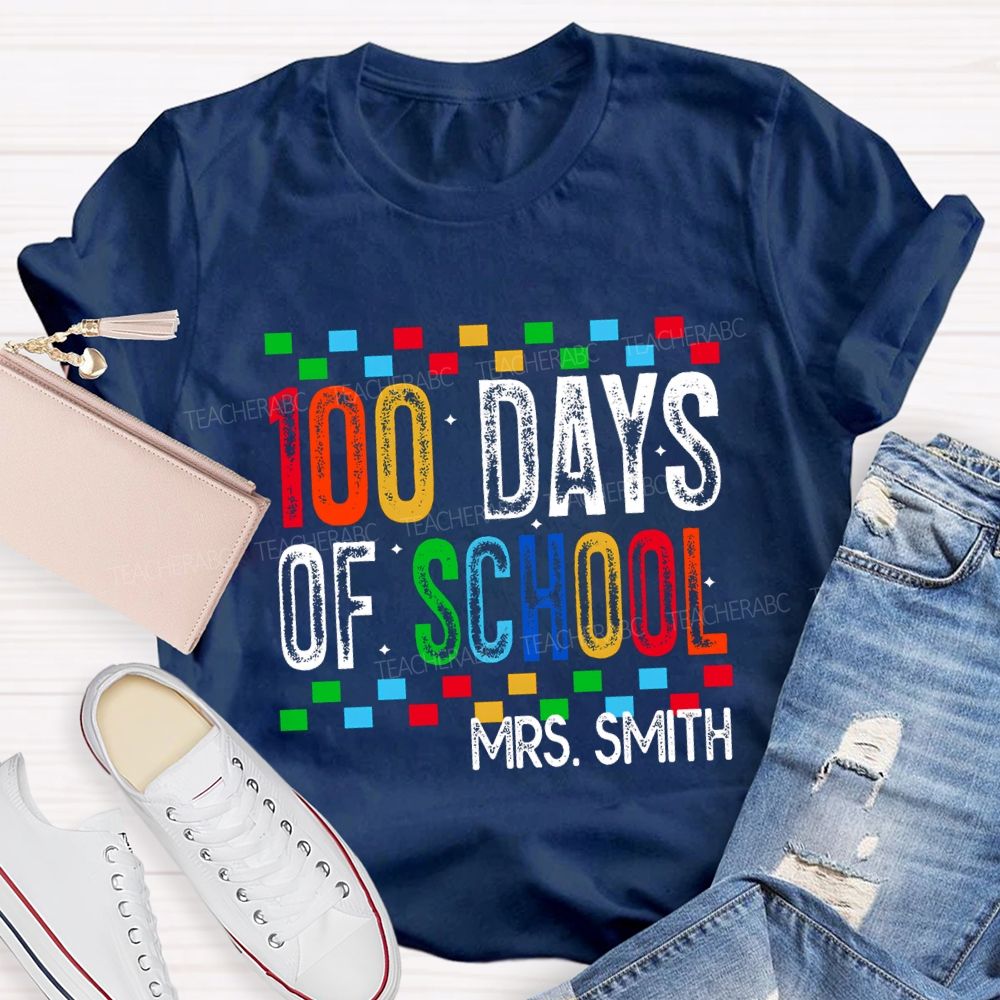 Personalized Name 100 Days Of School Colored Squares Teacher T-Shirt