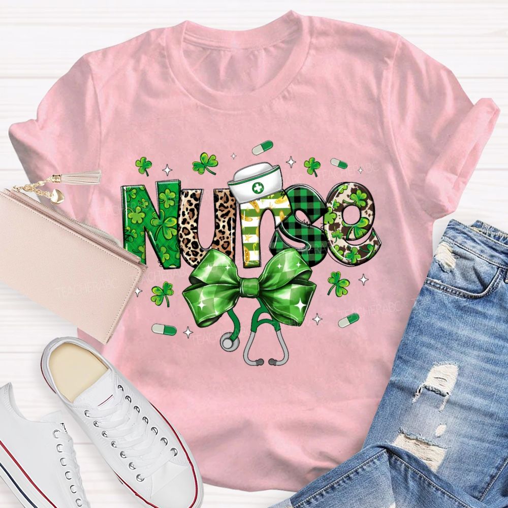 School Nurse Lucky Clover Bow-Tie Stethoscope T-shirt