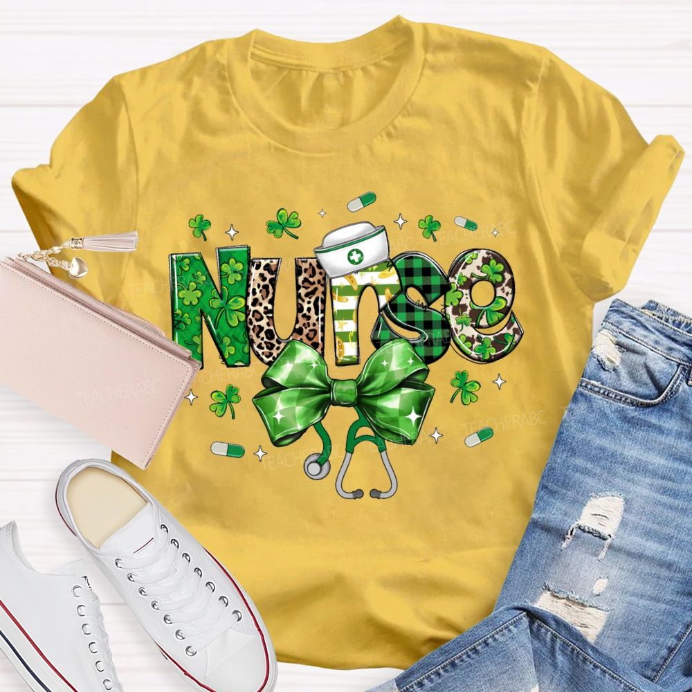 School Nurse Lucky Clover Bow-Tie Stethoscope T-shirt