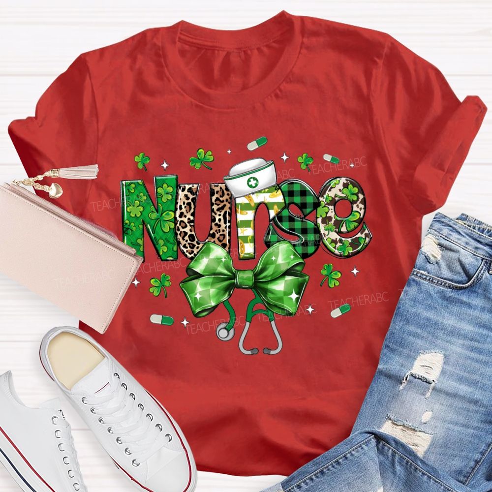 School Nurse Lucky Clover Bow-Tie Stethoscope T-shirt
