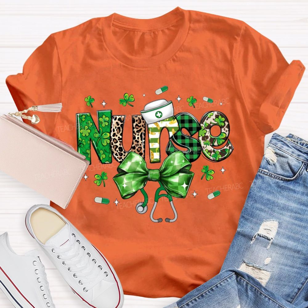 School Nurse Lucky Clover Bow-Tie Stethoscope T-shirt