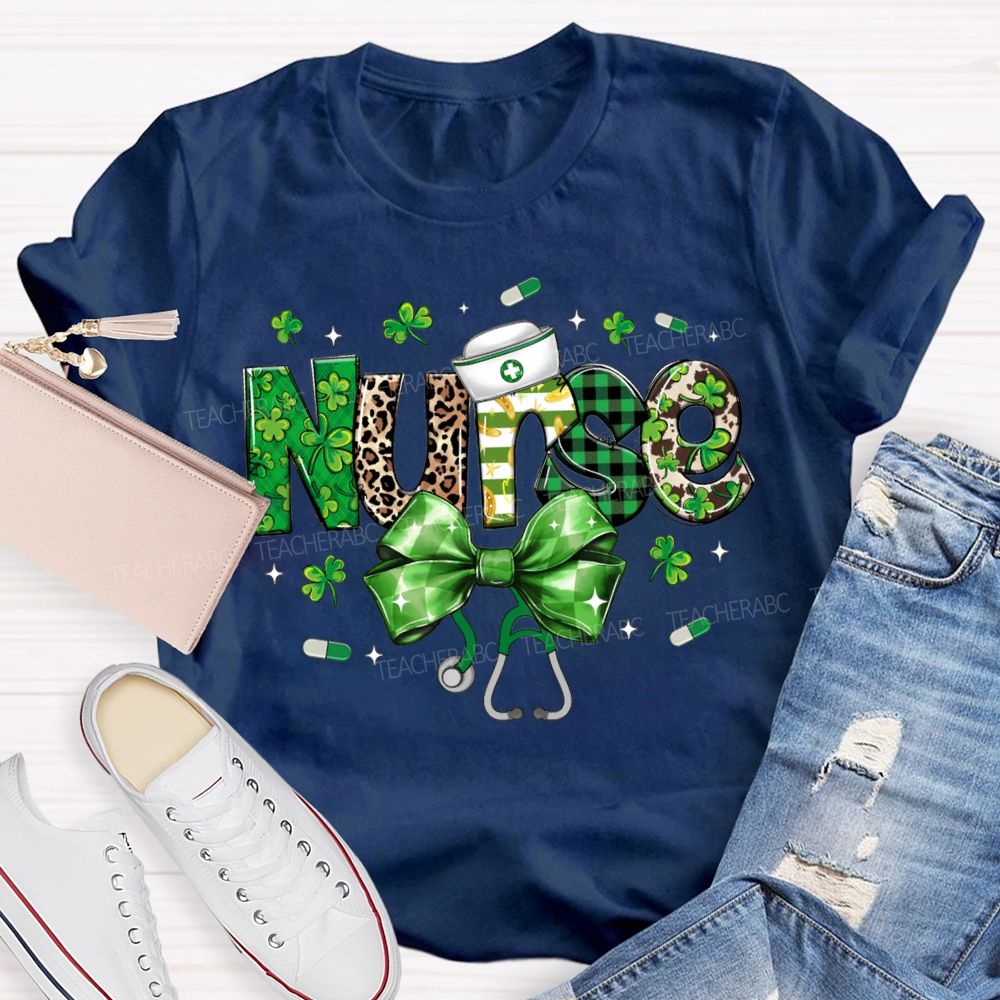 School Nurse Lucky Clover Bow-Tie Stethoscope T-shirt