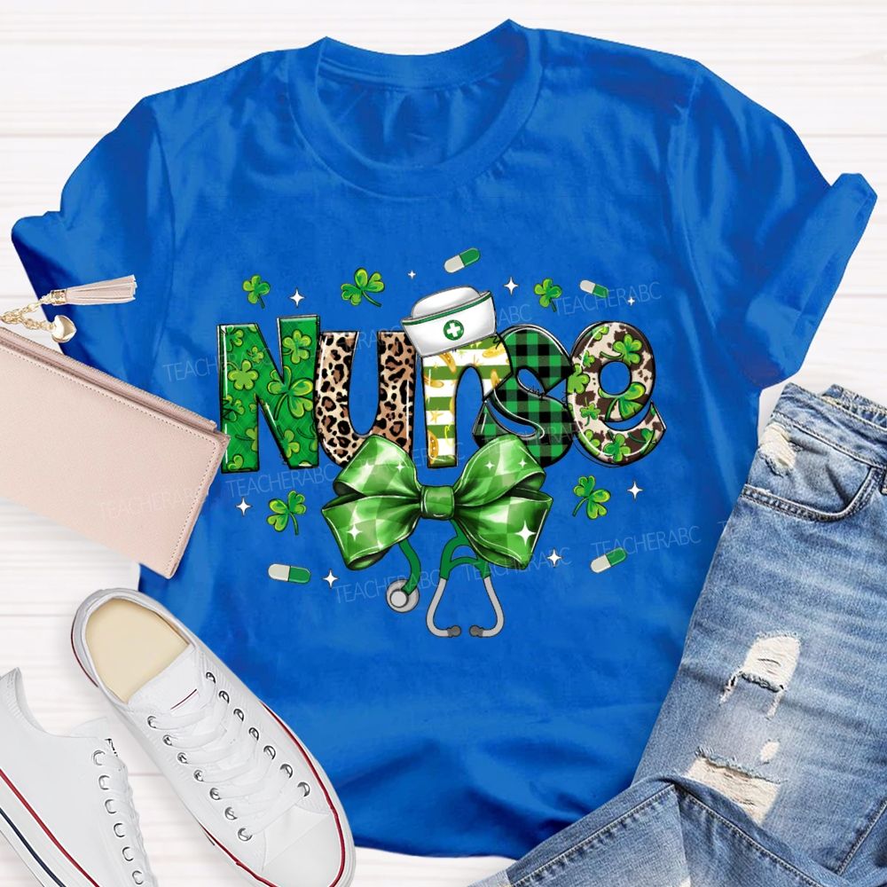 School Nurse Lucky Clover Bow-Tie Stethoscope T-shirt