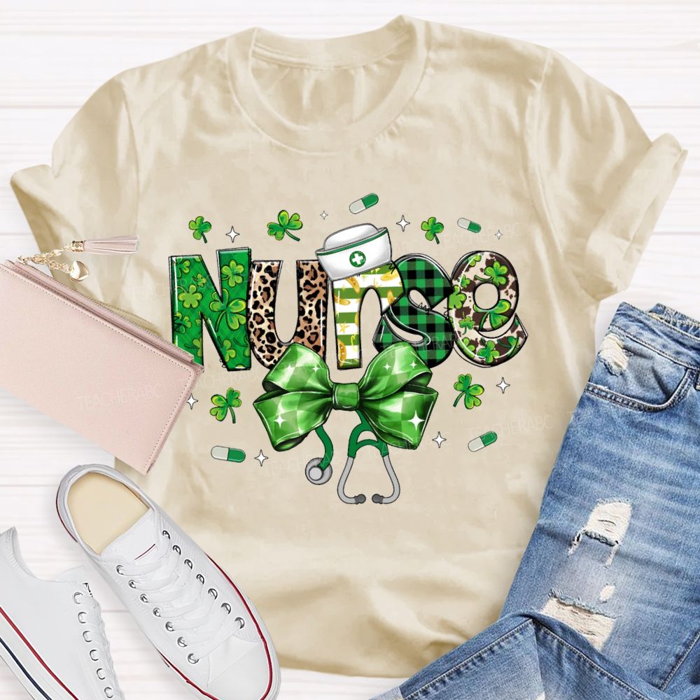 School Nurse Lucky Clover Bow-Tie Stethoscope T-shirt