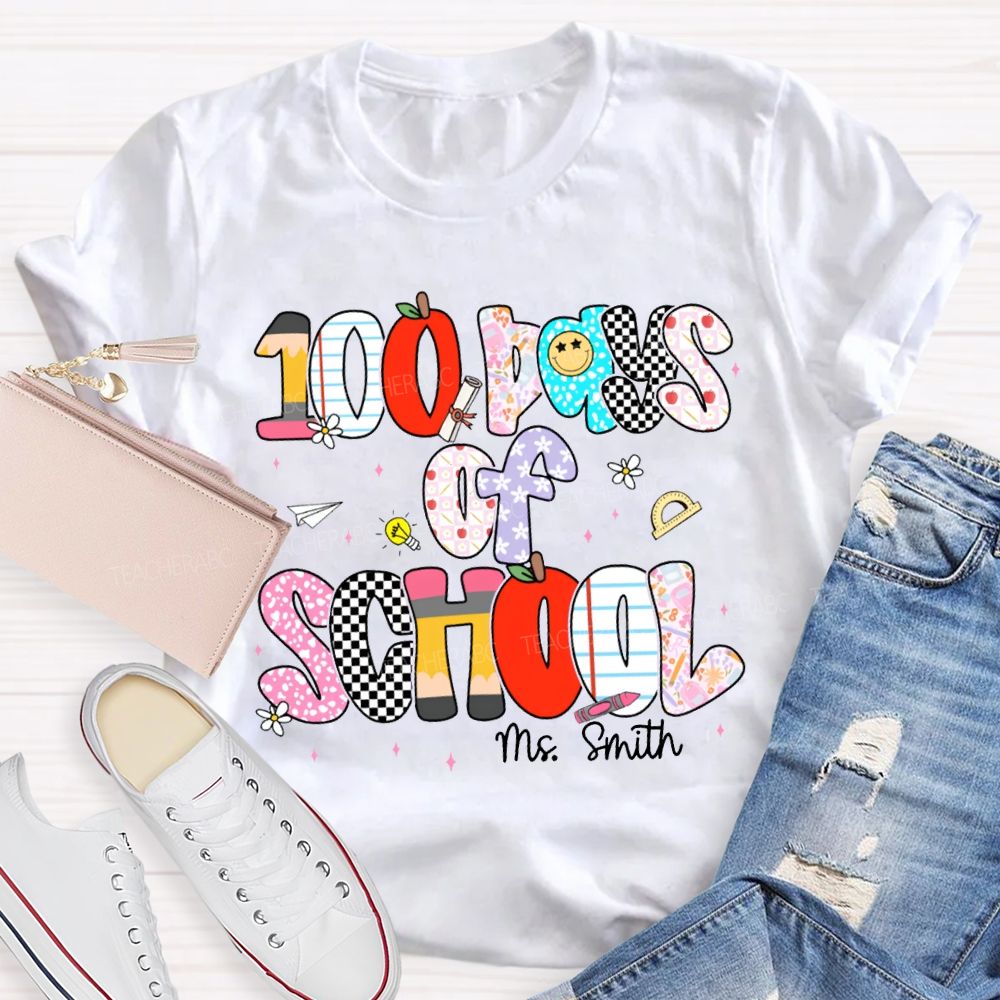Personalized Name 100 Days Of School Colored Fonts Teacher T-shirt