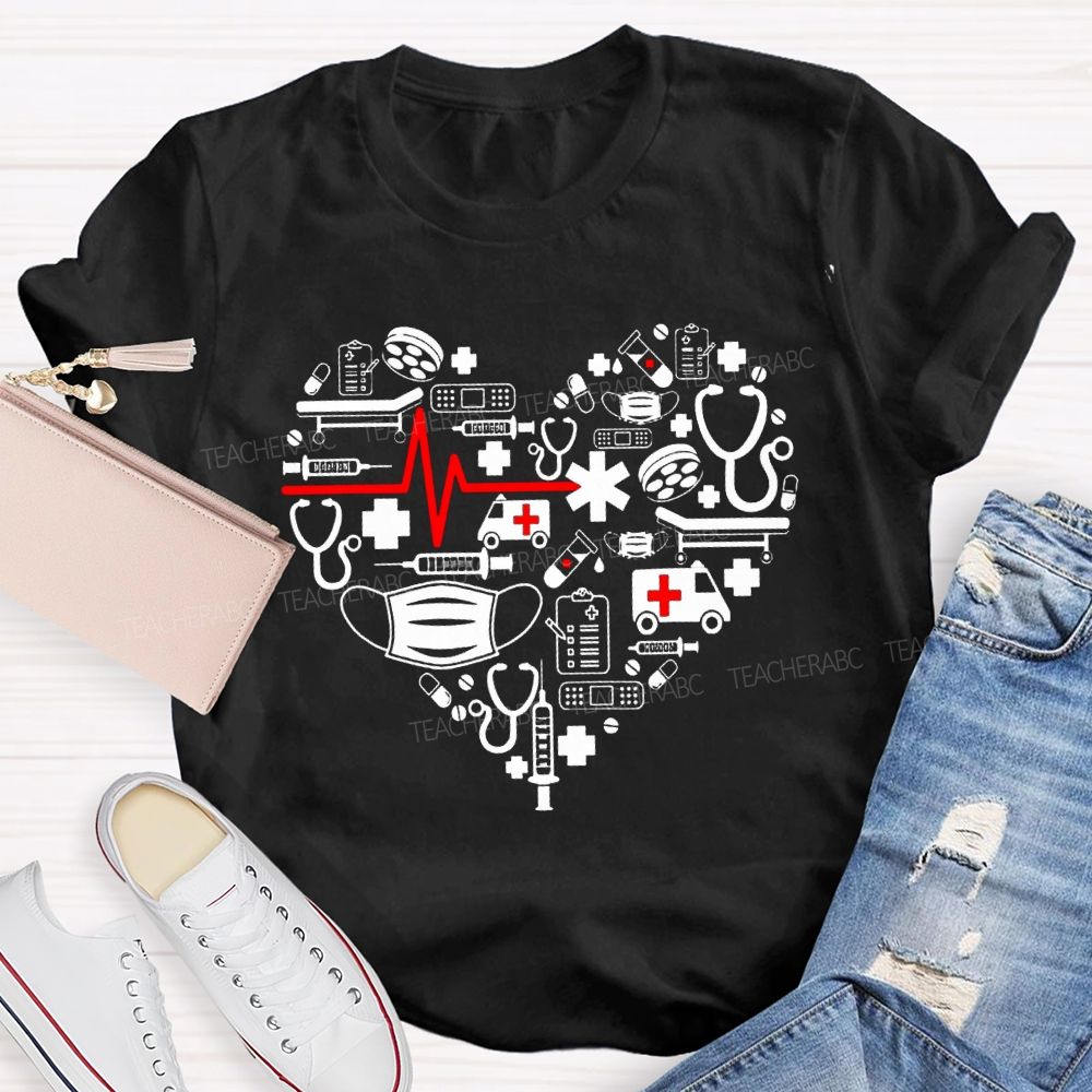 School Nurse Medical Equipment With Heart-Shaped Print T-shirt