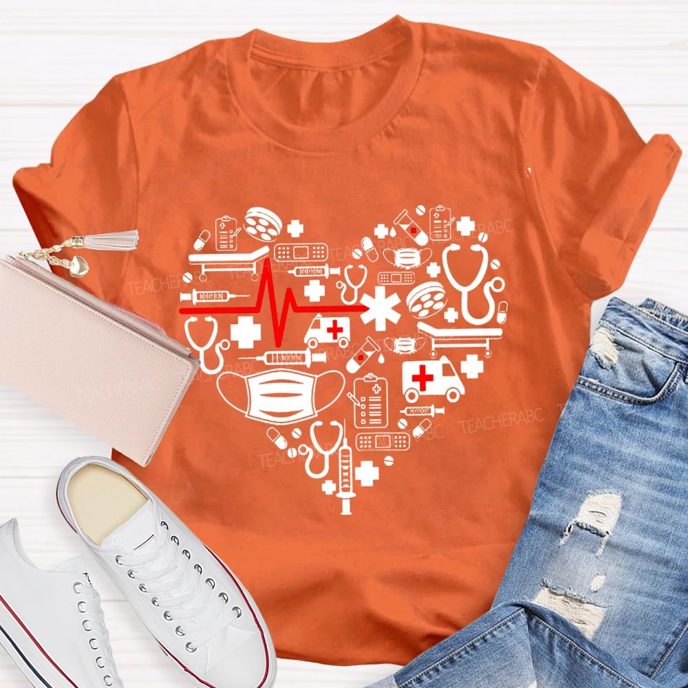 School Nurse Medical Equipment With Heart-Shaped Print T-shirt