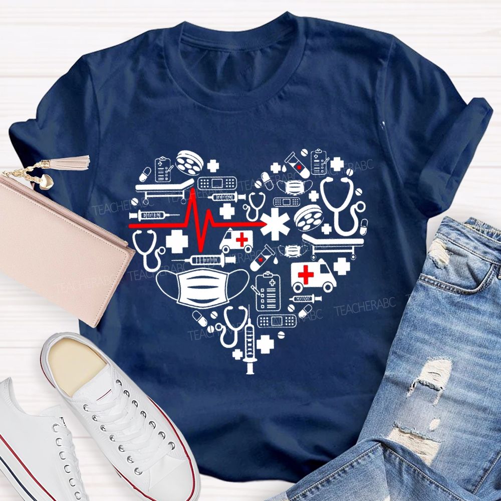 School Nurse Medical Equipment With Heart-Shaped Print T-shirt
