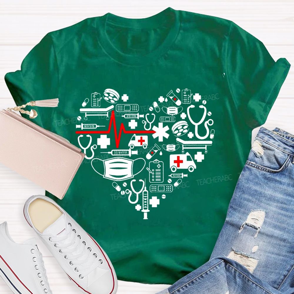 School Nurse Medical Equipment With Heart-Shaped Print T-shirt