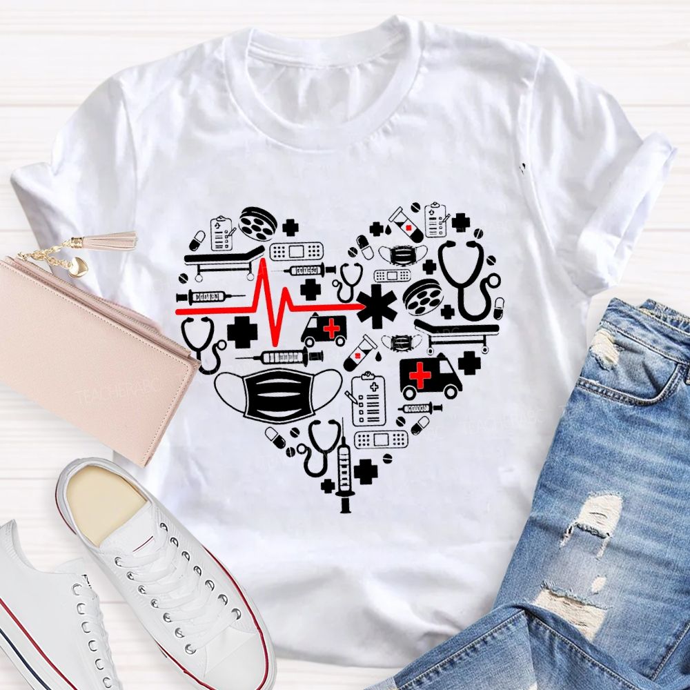 School Nurse Medical Equipment With Heart-Shaped Print T-shirt