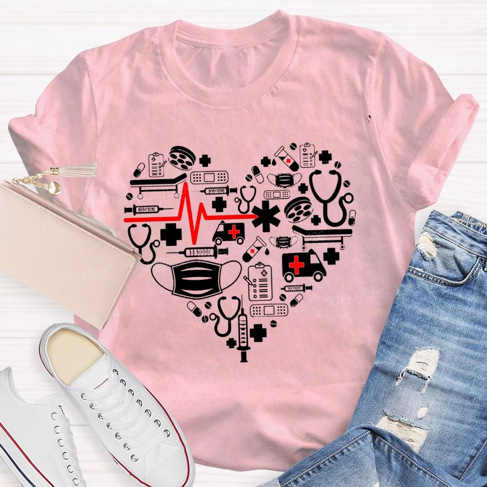 School Nurse Medical Equipment With Heart-Shaped Print T-shirt