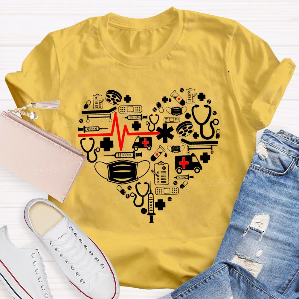 School Nurse Medical Equipment With Heart-Shaped Print T-shirt