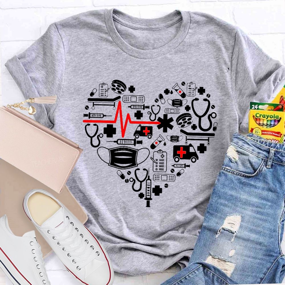 School Nurse Medical Equipment With Heart-Shaped Print T-shirt