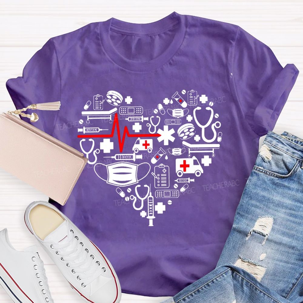School Nurse Medical Equipment With Heart-Shaped Print T-shirt