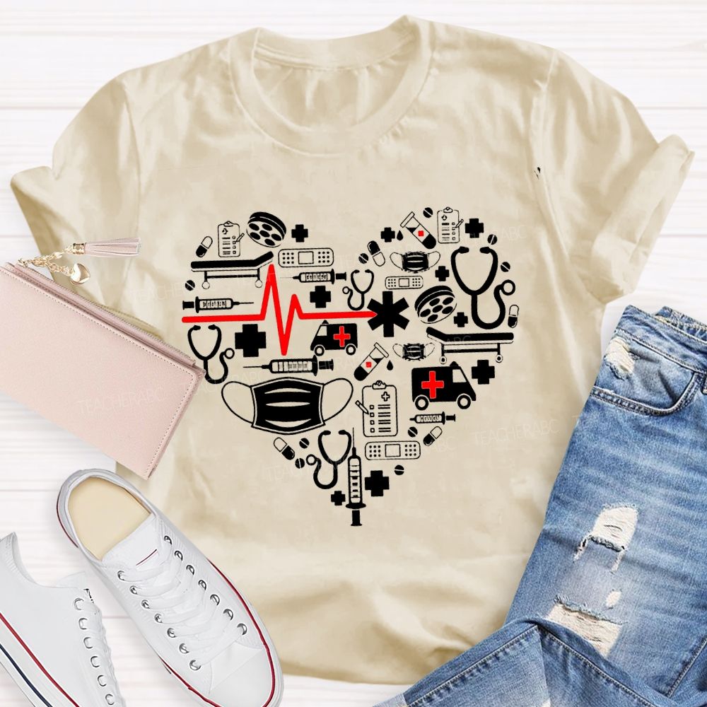 School Nurse Medical Equipment With Heart-Shaped Print T-shirt