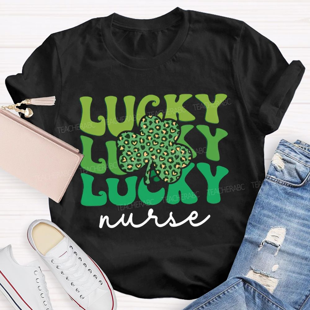 Lucky Nurse Leopard Print Clover And Colorful Font T-shirt