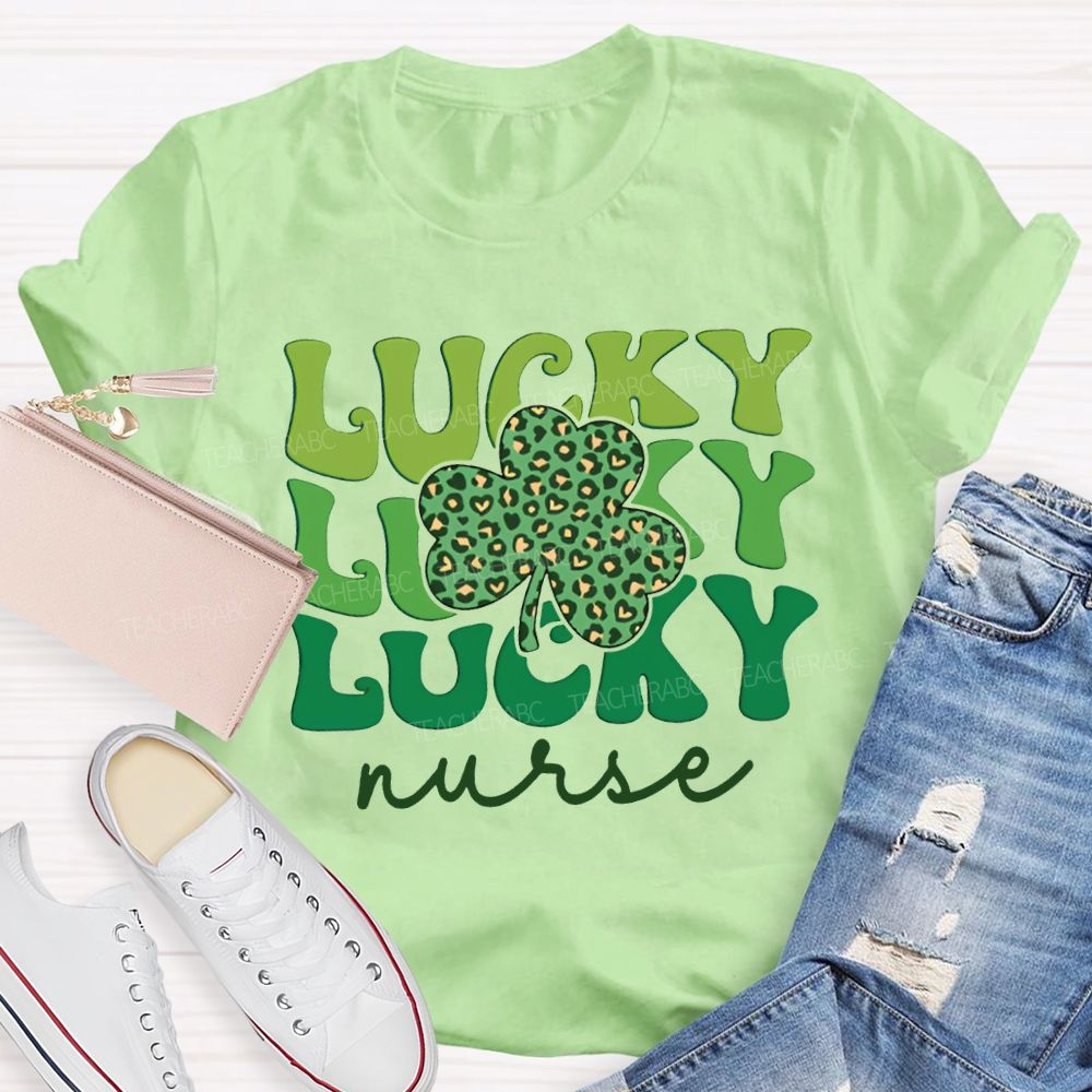 Lucky Nurse Leopard Print Clover And Colorful Font T-shirt
