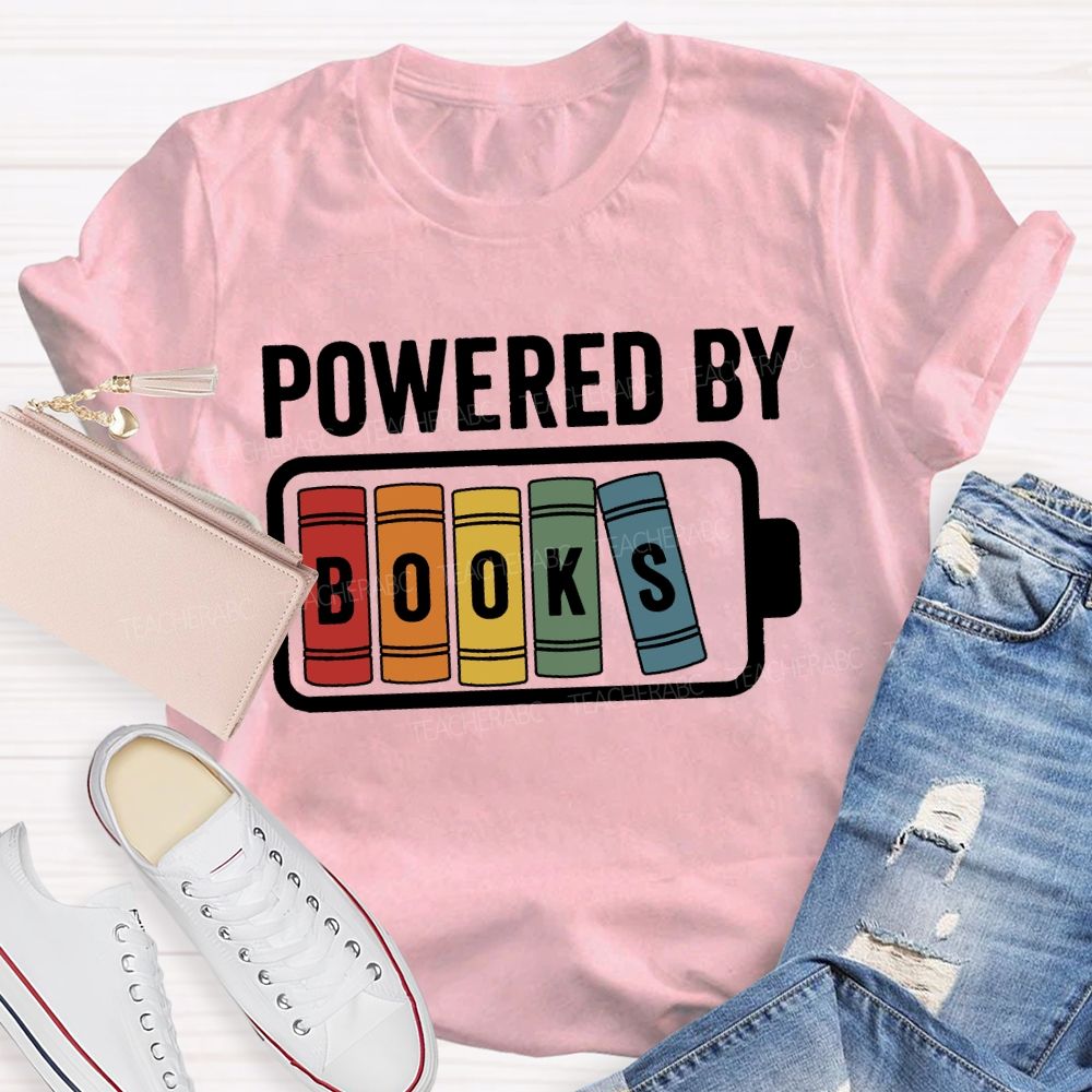 Powered By Books Colorful Patchwork Print Teacher T-shirt