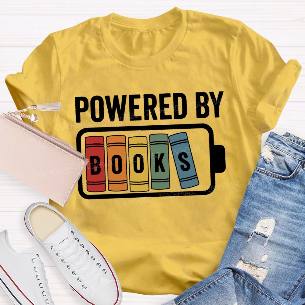 Powered By Books Colorful Patchwork Print Teacher T-shirt