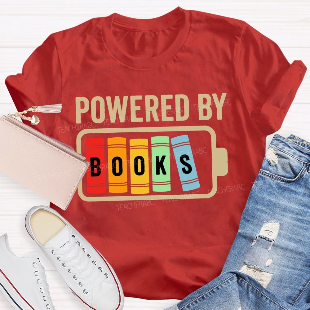 Powered By Books Colorful Patchwork Print Teacher T-shirt