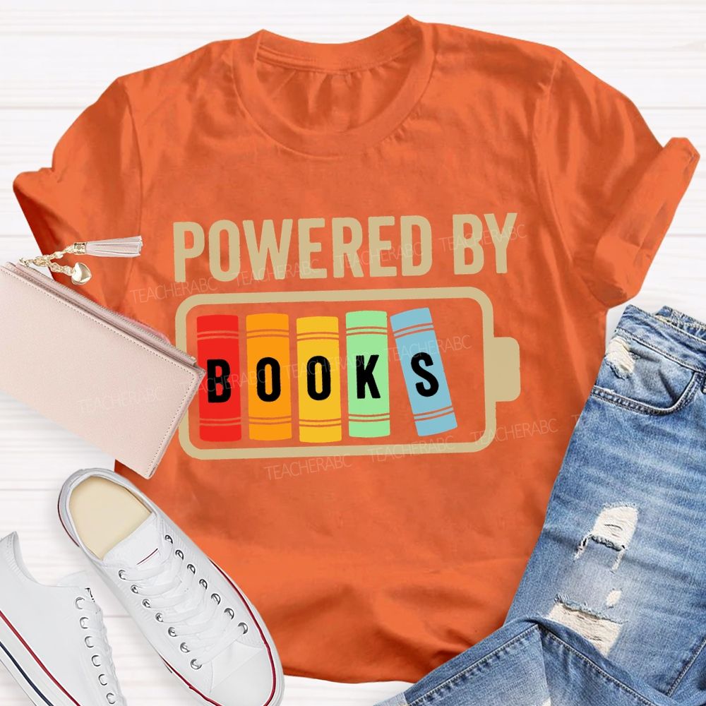 Powered By Books Colorful Patchwork Print Teacher T-shirt