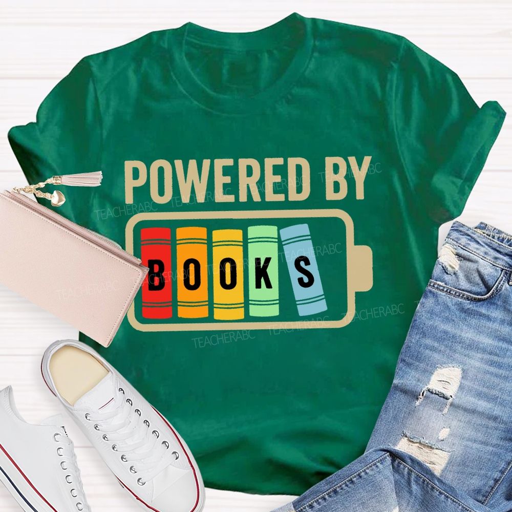 Powered By Books Colorful Patchwork Print Teacher T-shirt