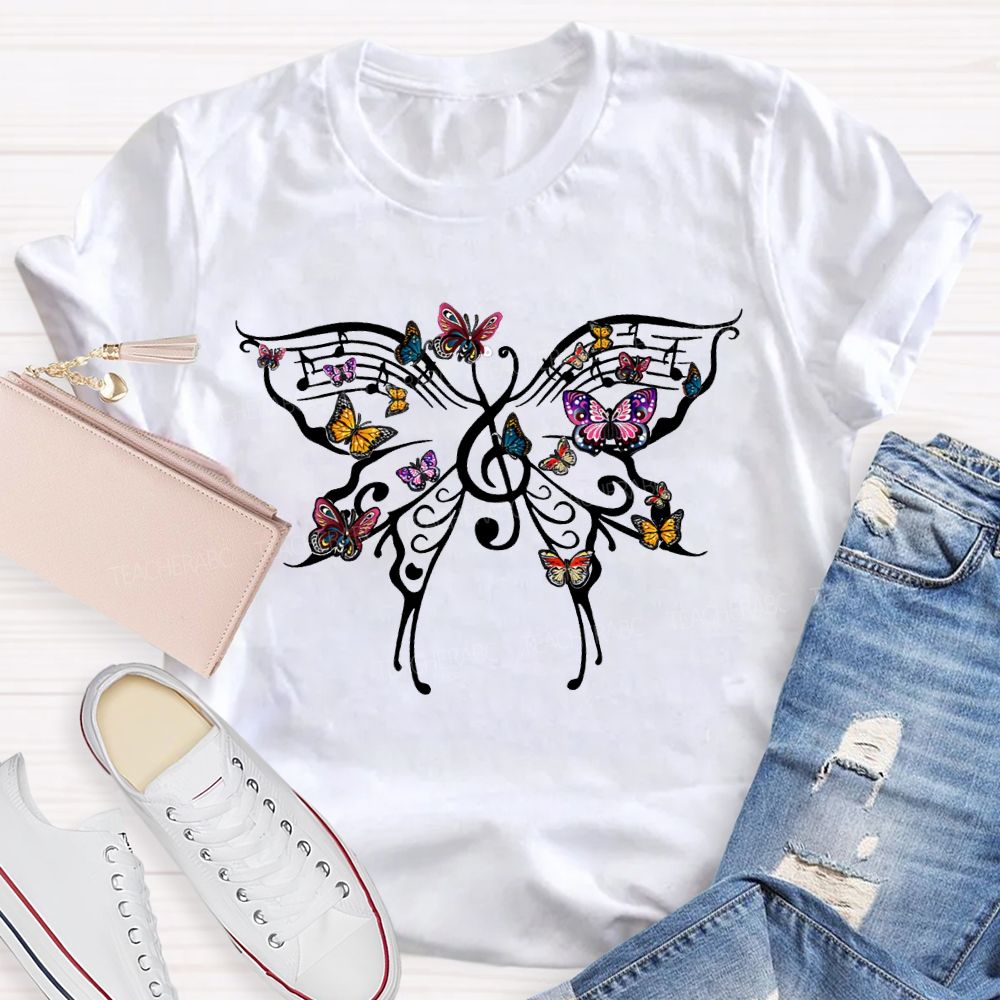 Butterfly And Musical Note Print Music Teacher T-shirt