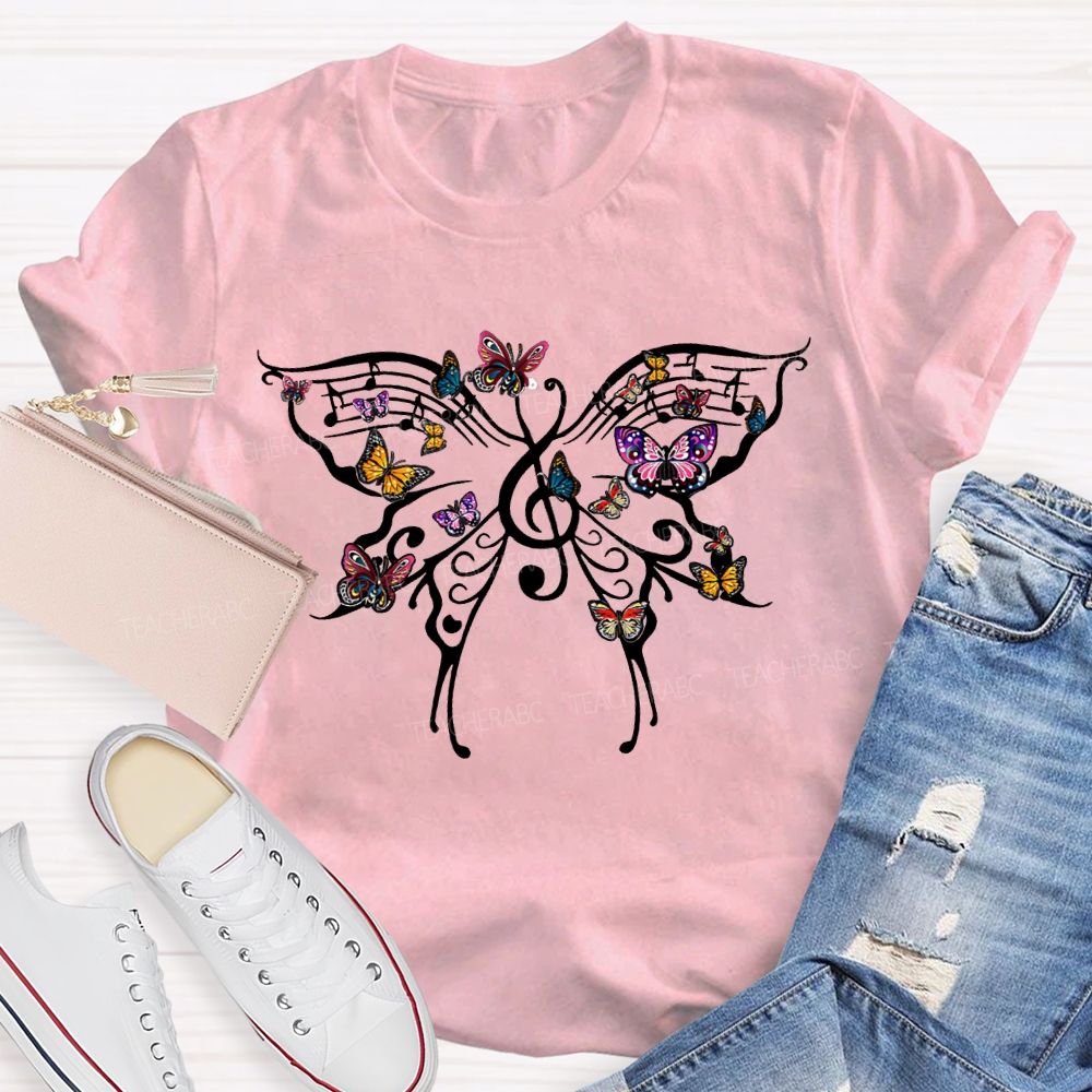 Butterfly And Musical Note Print Music Teacher T-shirt