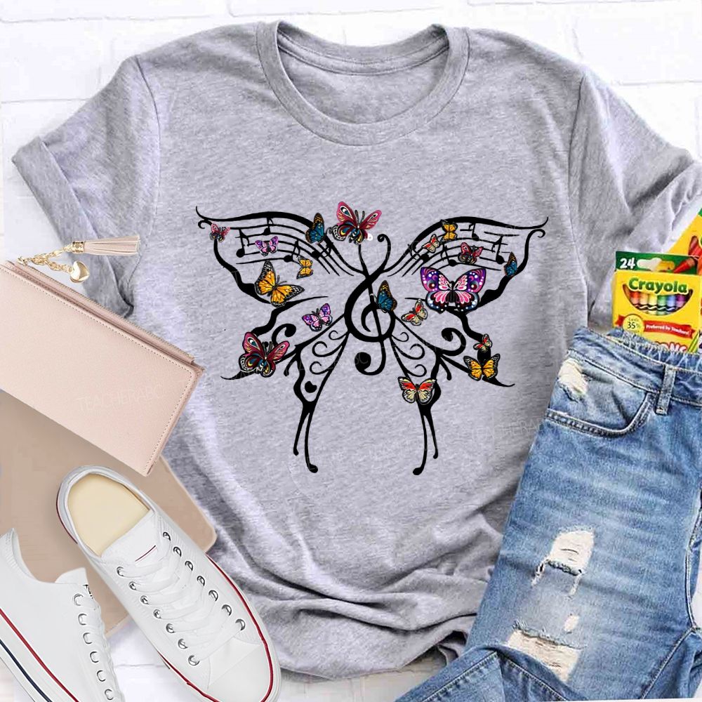 Butterfly And Musical Note Print Music Teacher T-shirt