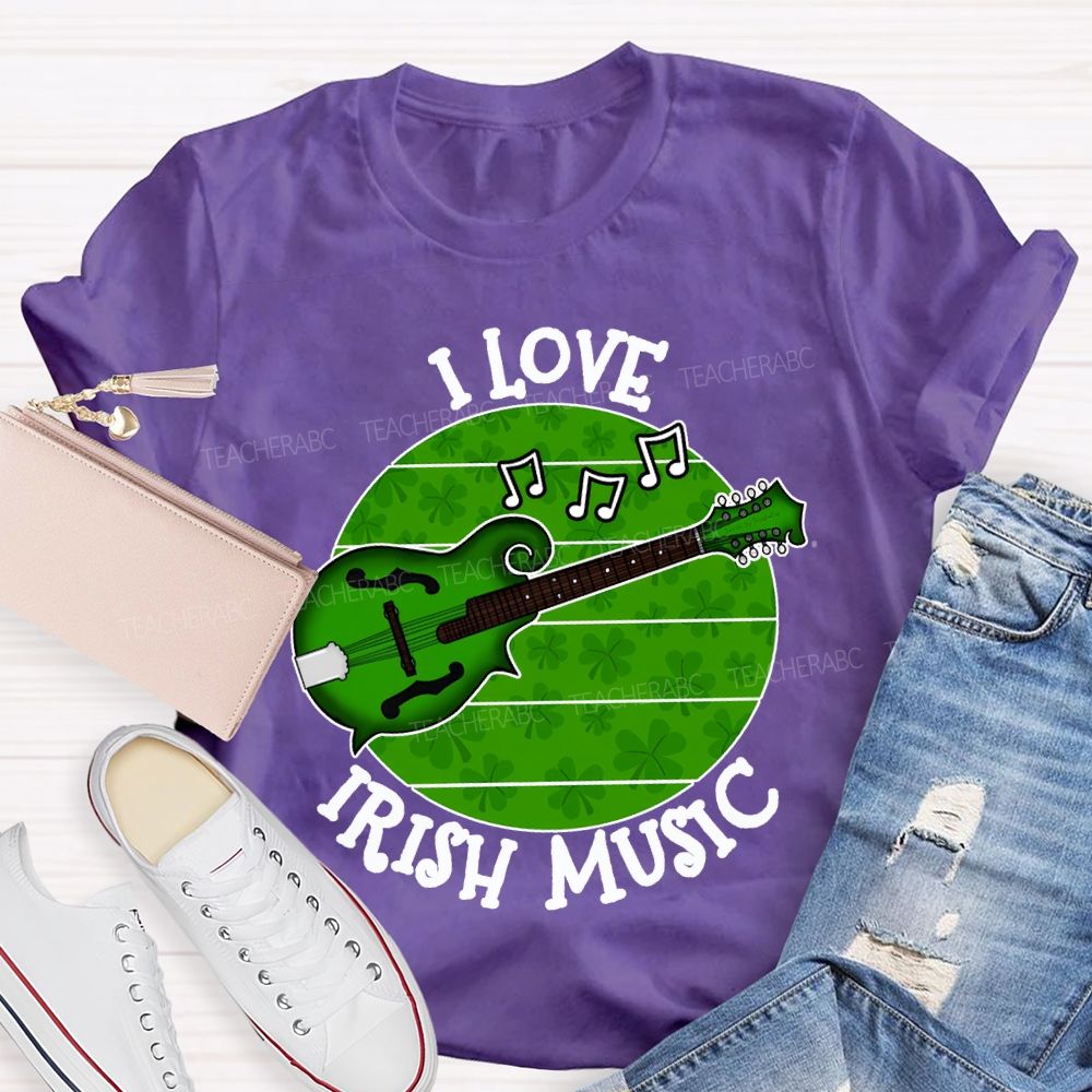 I Love Irish Music Lucky Guitar And Clover Teacher T-shirt