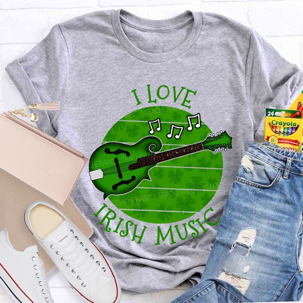 I Love Irish Music Lucky Guitar And Clover Teacher T-shirt