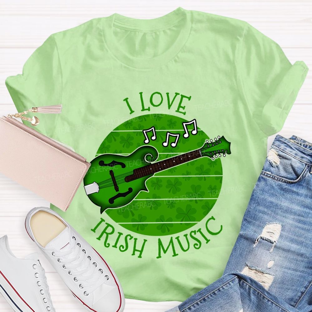 I Love Irish Music Lucky Guitar And Clover Teacher T-shirt